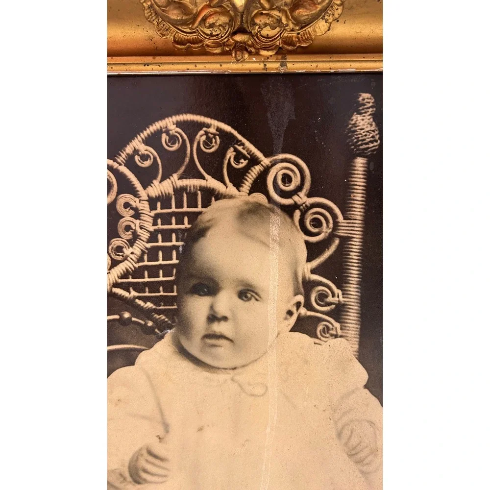 Antique Victorian Gold Gesso Ornate Frame w/ Original Baby Portrait circa 1900